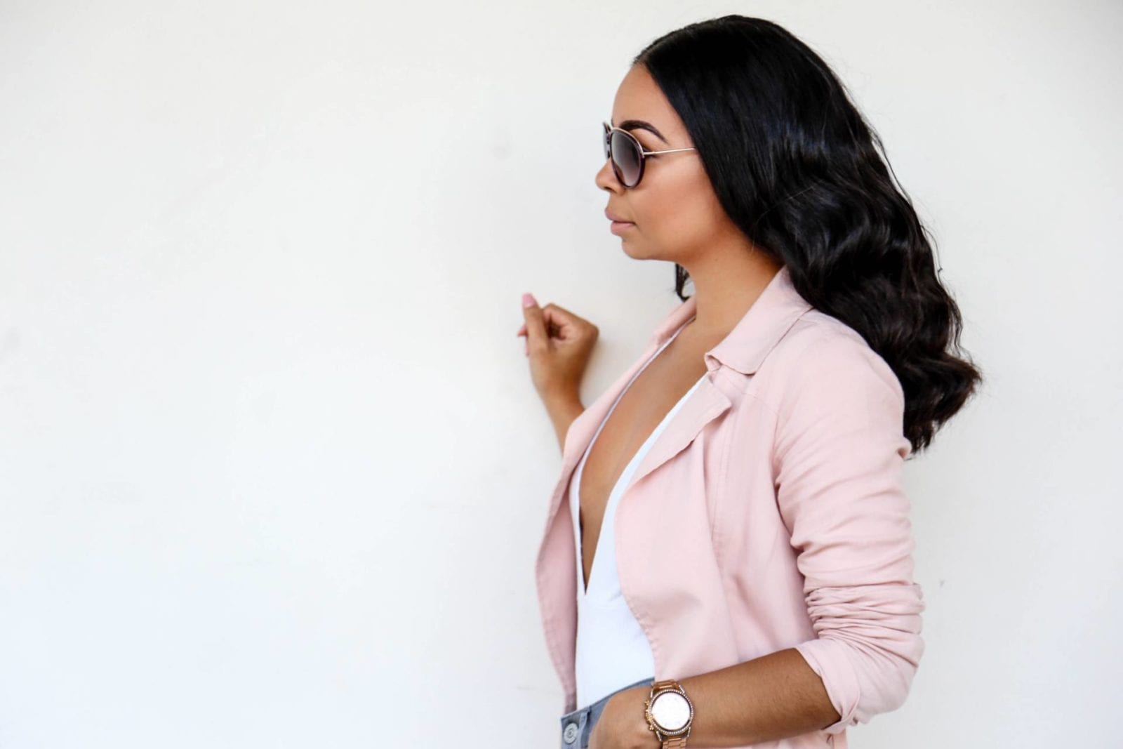 Pink Trench | White Bodysuit | Express Jeans