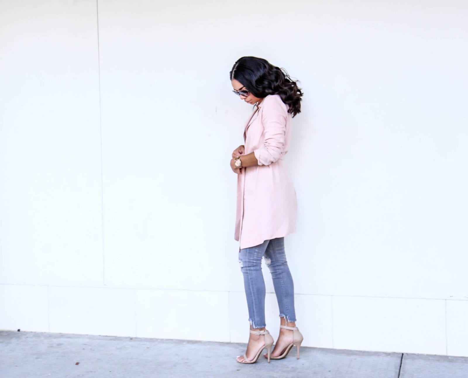 Pink Trench | White Bodysuit | Express Jeans
