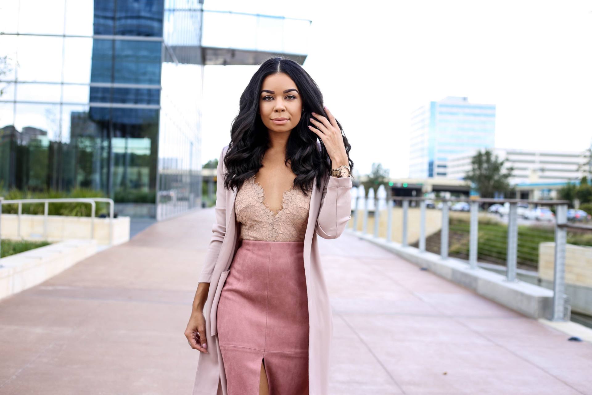 Pink Suede Pencil Skirt, Lace Bodysuit and Satin Trench | Style Guide