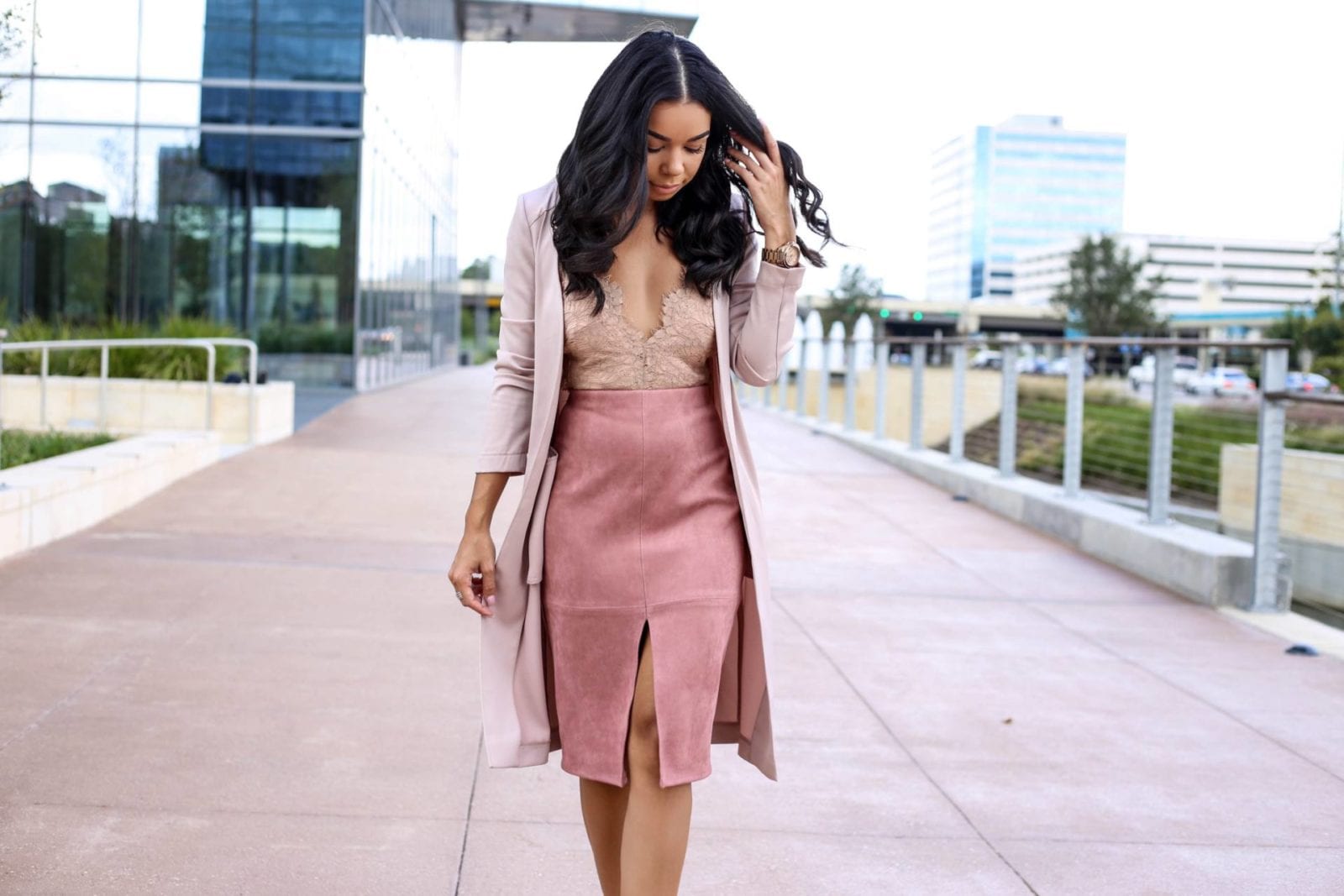 Pink Suede Pencil Skirt, Lace Bodysuit and Satin Trench | Style Guide