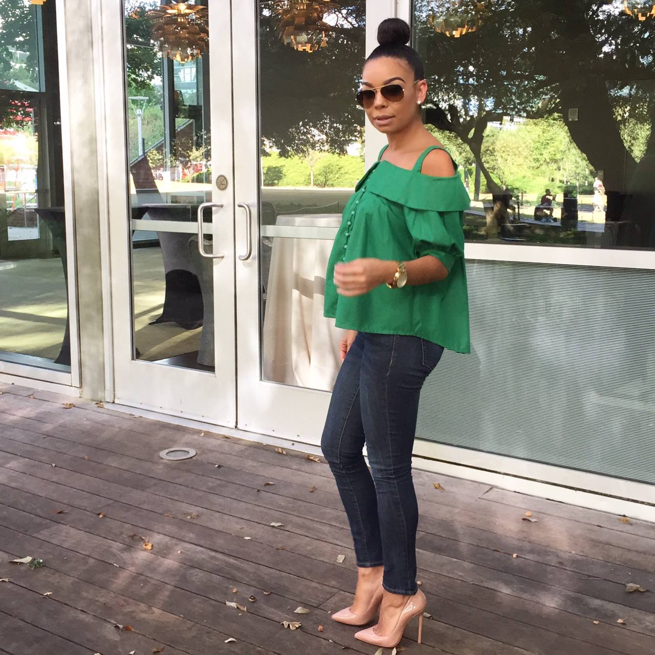 Green Off the Shoulder Shirt Denim and Christian Louboutin Pigalle Pumps